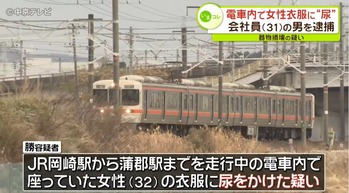 【社会】電車内で女性に尿をかけた疑い　背もたれの隙間からストロー使って・・・男（31）を逮捕　愛知県警