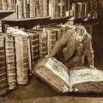 家には置けないような大きな本をプラハの国立図書館で閲覧している1950年代末の写真