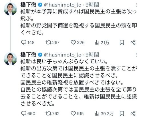 橋下徹さん　維新に自民党と組んで国民民主党の減税案を潰せと号令をかけて炎上