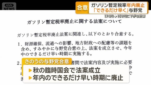 【ガソリン減税】ガソリン暫定税率廃止で与野党合意←結局別のところで増税されることが判明してしまう
